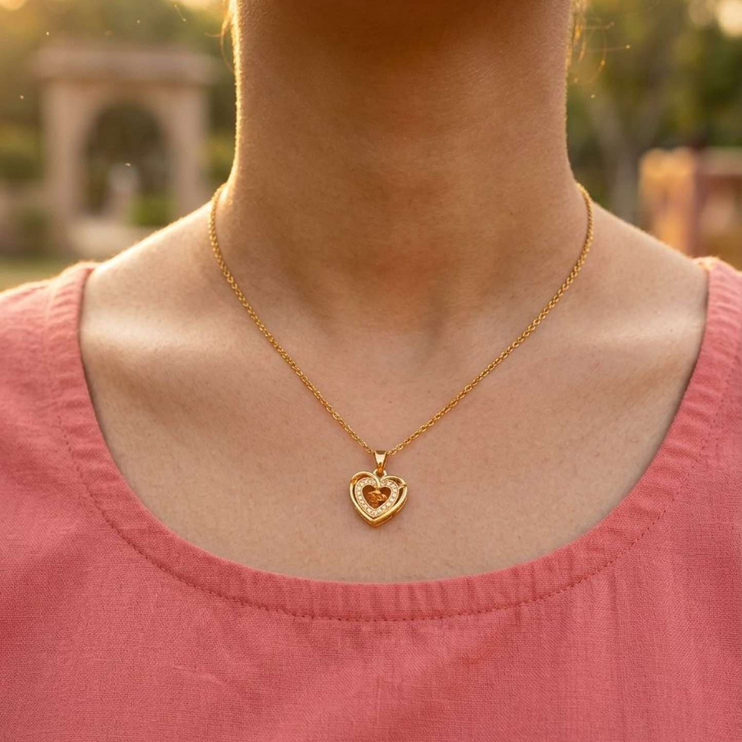 White Stoned Block Heart Necklace